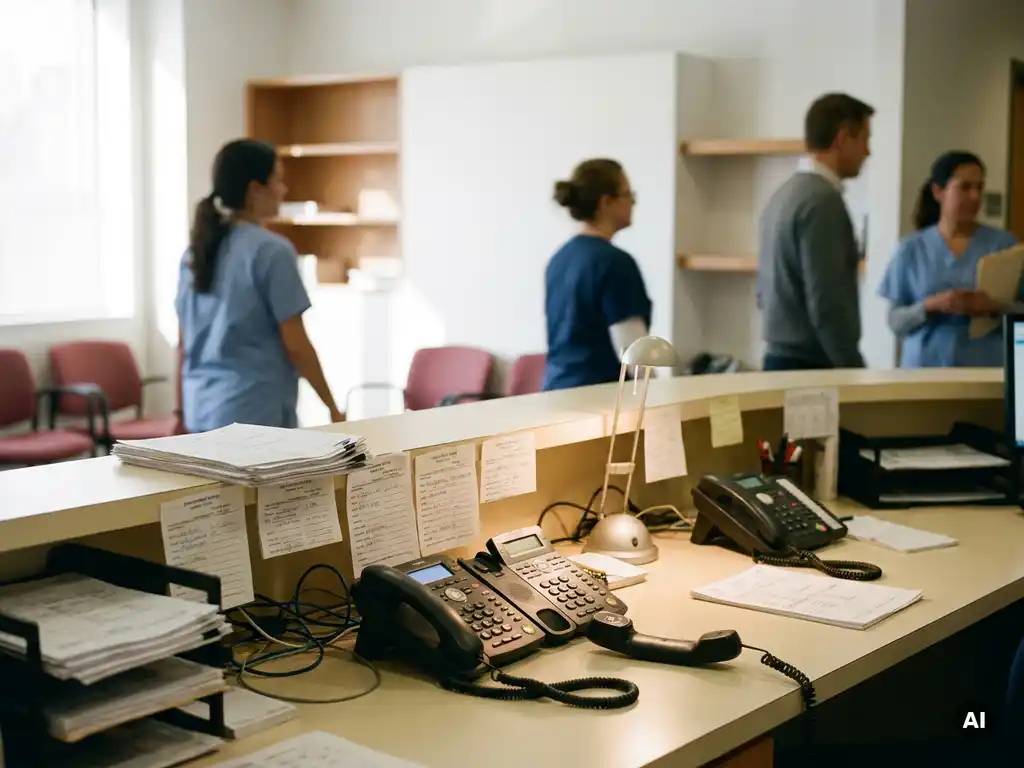 Drukke receptiebalie in een medische praktijk met rinkelde telefoon, verspreide afspraaknotities en knipperend handset.