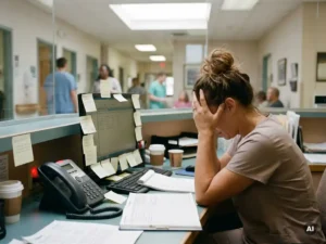 Overweldigde medische receptioniste aan rommelig bureau met rinkelde telefoon, plakbriefjes op monitor en afspraakboeken, drukke kliniekgang op achtergrond.