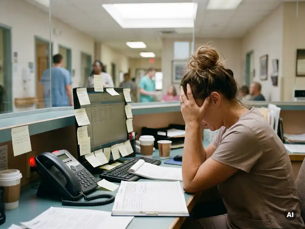 Overweldigde medische receptioniste aan rommelig bureau met rinkelde telefoon, plakbriefjes op monitor en afspraakboeken, drukke kliniekgang op achtergrond.