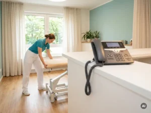 Fysiotherapeut in witte kleding stelt behandeltafel af in lichte therapieruimte, met moderne bureautelefoon op witte receptiebalie op voorgrond.
