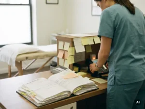 Fysiotherapeut in scrubs bij receptiebalie met vol papieren afsprakenschema, plaknotities en onbeantwoorde telefoon.