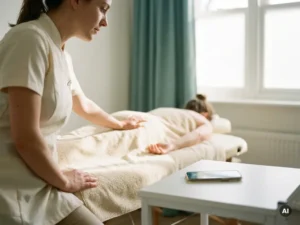 Fysiotherapeut onderbreekt behandeling om naar rinkende smartphone te kijken, patiënt liggend op behandeltafel op de achtergrond.