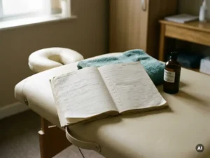 Opengeslagen fysiotherapie-agenda met lege tijdsloten op een behandeltafel, handdoek en massageolie ernaast, natuurlijk raamlicht.