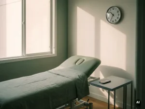 Lege fysiotherapiebehandeltafel in verlichte klinische ruimte met wandklok en smartphone met gemiste oproep.