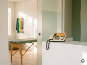 Rinkende telefoon op witte receptiebalie in fysiotherapiepraktijk, met behandeltafel en weerstandsbanden op de achtergrond.