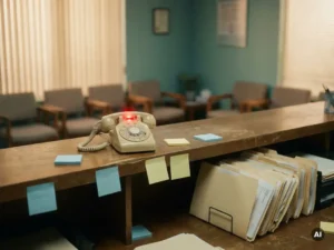 Onbeantwoorde telefoon op een lege receptiebalie in een kliniek, met plakbriefjes en een stapel patiëntendossiers op de voorgrond.