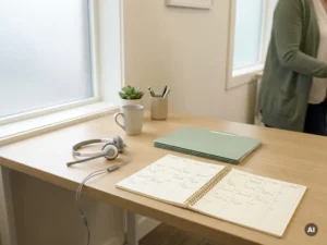 Opgeruimd receptiebalie in een kliniek met headset, afsprakenkalender en gesloten patiëntmap in zacht natuurlijk licht.