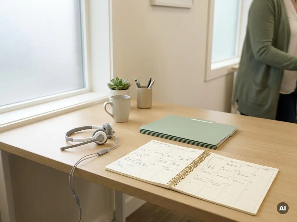 Opgeruimd receptiebalie in een kliniek met headset, afsprakenkalender en gesloten patiëntmap in zacht natuurlijk licht.