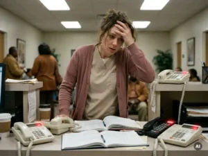 Overweldigde medische receptionist achter overvolle balie met meerdere rinkelde telefoons en opengeslagen afsprakenboeken.
