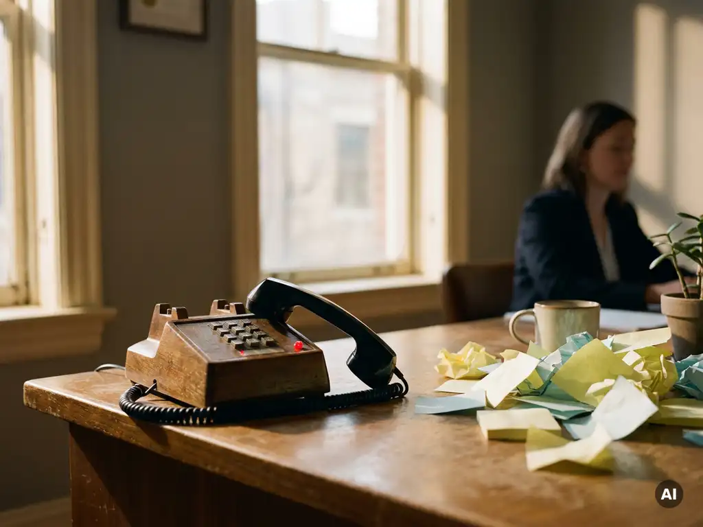 Vintage bureautelefoon met hoorn half van de haak, omringd door stapel plakbriefjes en knipperend rood voicemailsignaal op receptiebalie van medische praktijk.