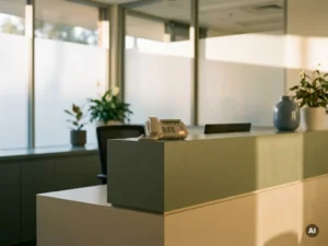 Lege receptiebalie van een therapiepraktijk met rinkelde telefoon, warm middaglicht door matglas, rustgevende groene en crèmetinten.